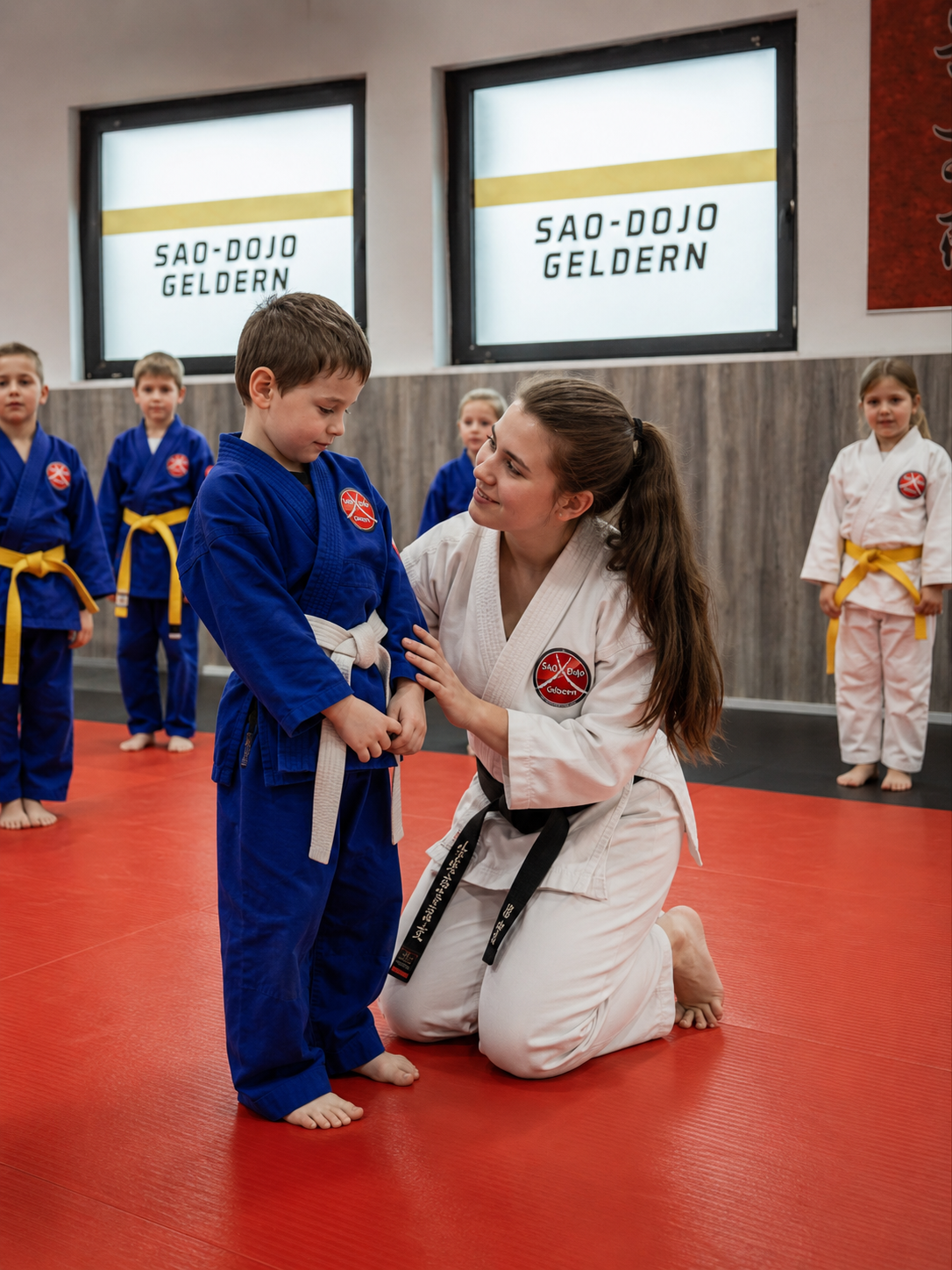 Trainerin begleitet ein kleines Kind beim Training im SAO-DOJO Geldern