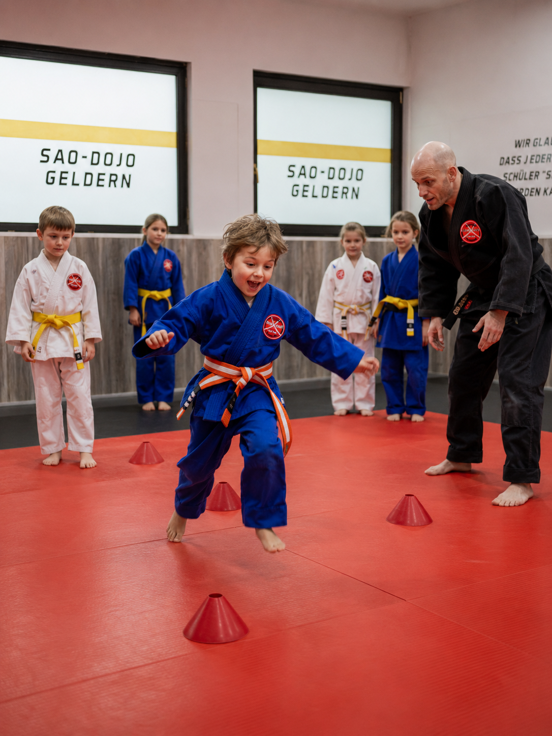 Junge und Mädchen trainieren miteinander auf der roten Matte im SAO-DOJO Geldern